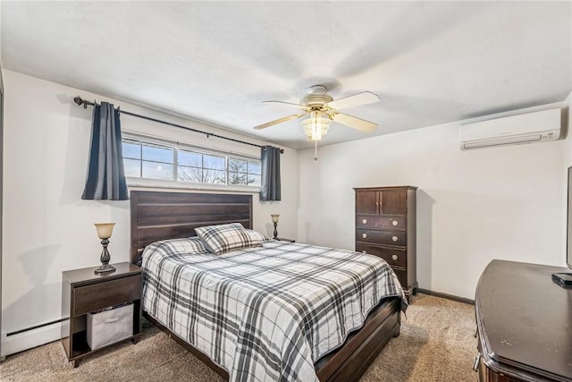 bedroom with baseboards, a ceiling fan, carpet, a baseboard heating unit, and a wall mounted AC