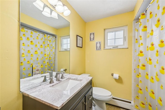 full bath with curtained shower, baseboard heating, vanity, and toilet