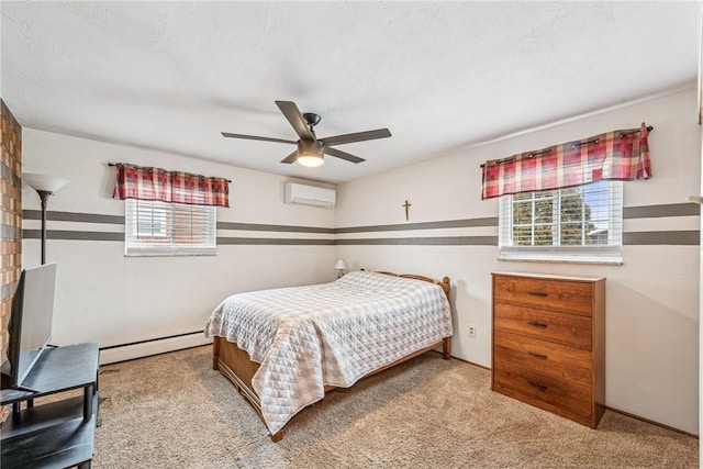 carpeted bedroom featuring a baseboard heating unit, a wall unit AC, and a ceiling fan