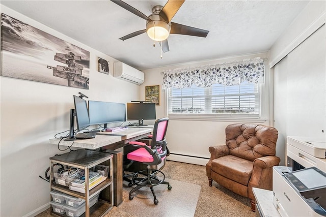 home office featuring ceiling fan, baseboard heating, a wall unit AC, and baseboards