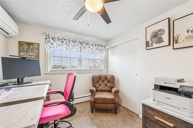 home office with a ceiling fan, a wall unit AC, and baseboard heating