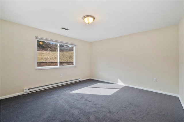 spare room with carpet, visible vents, baseboard heating, and baseboards