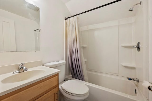 full bath with toilet, shower / tub combo, and vanity