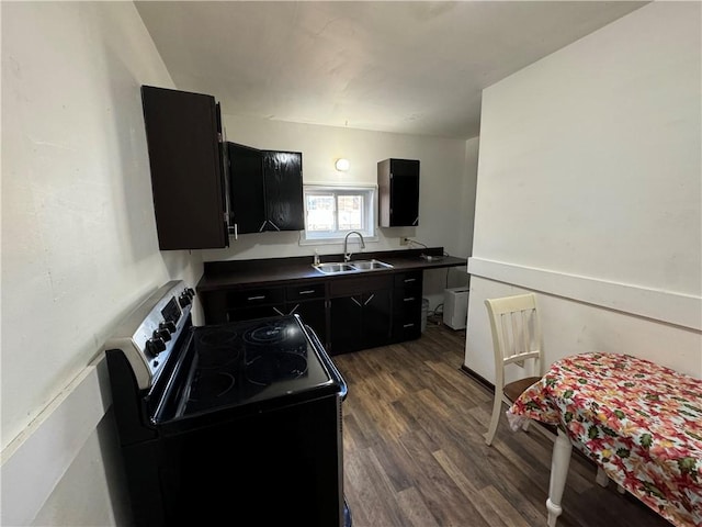 kitchen featuring electric range, a sink, dark cabinetry, dark countertops, and dark wood finished floors