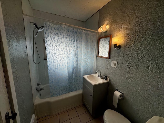 405 Washington St, Indiana Boro Ind, PA 15701 - full bathroom featuring a textured wall, toilet, shower / bath combo, vanity, and tile patterned flooring