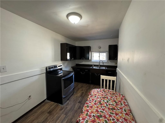 405 Washington St, Indiana Boro Ind, PA 15701 - kitchen with dark cabinetry, dark wood-style flooring, a sink, and stainless steel electric stove