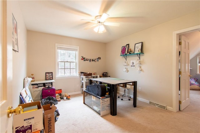 interior space featuring a ceiling fan, carpet flooring, visible vents, and baseboards