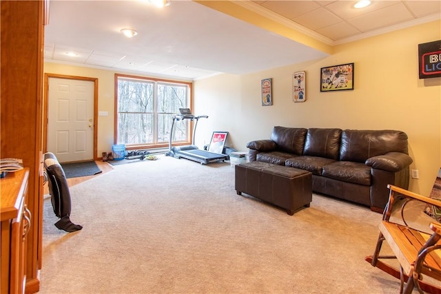 living area with light carpet, recessed lighting, and crown molding