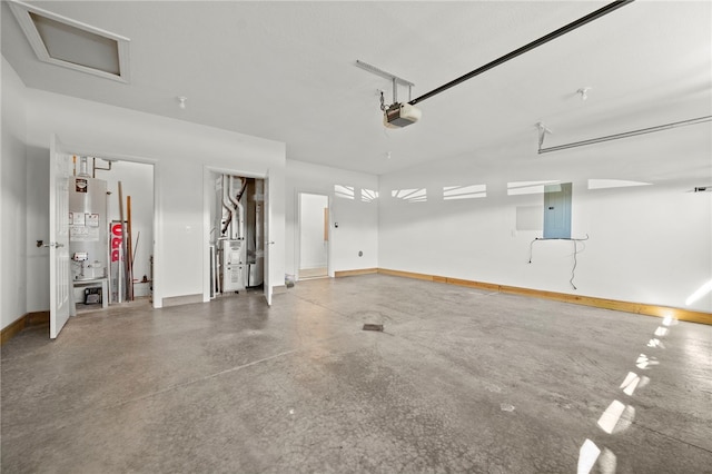 parking deck featuring heating unit, a garage door opener, water heater, electric panel, and baseboards