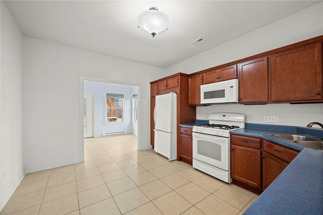 kitchen with white appliances, visible vents, dark countertops, a baseboard radiator, and a sink