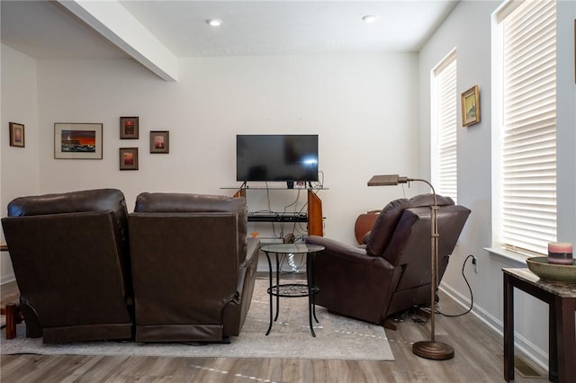 living room with recessed lighting, baseboards, and wood finished floors