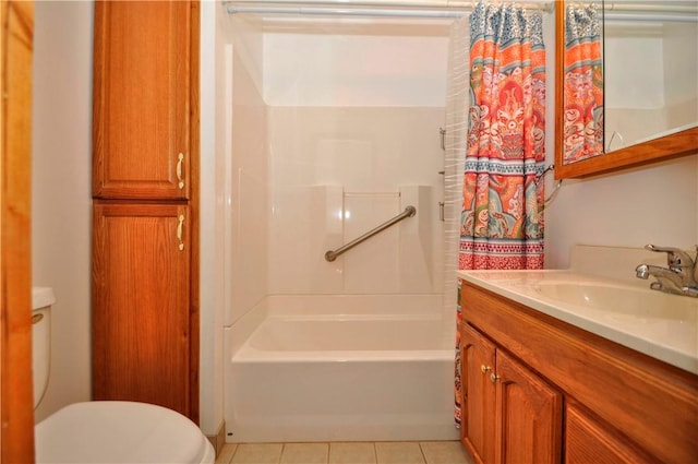 bathroom featuring vanity, tile patterned flooring, toilet, and shower / bathtub combination with curtain