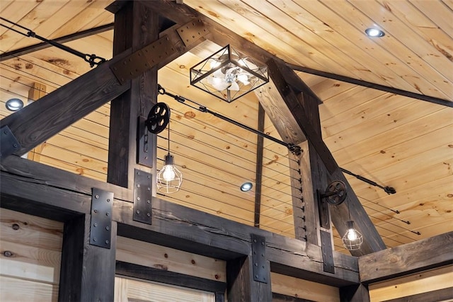 room details featuring wood walls and wood ceiling