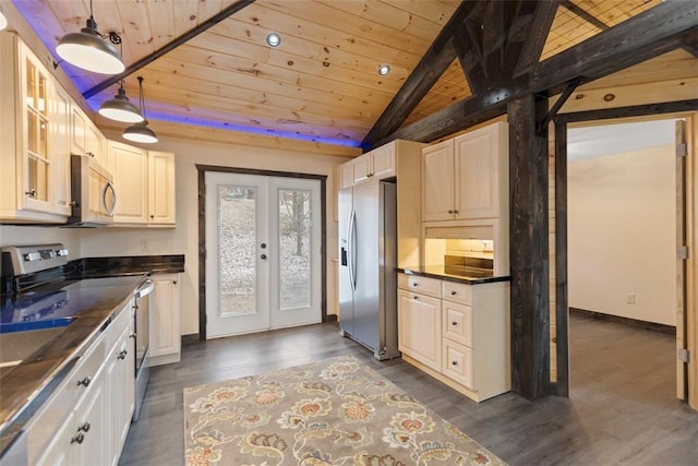 kitchen with dark countertops, appliances with stainless steel finishes, wood ceiling, and french doors