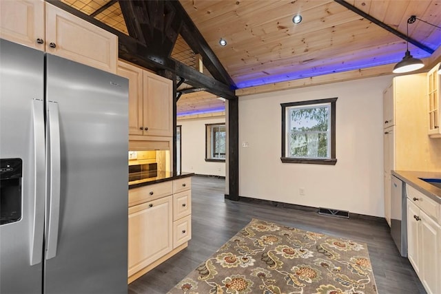 kitchen with visible vents, lofted ceiling, dark wood-style flooring, wood ceiling, and appliances with stainless steel finishes