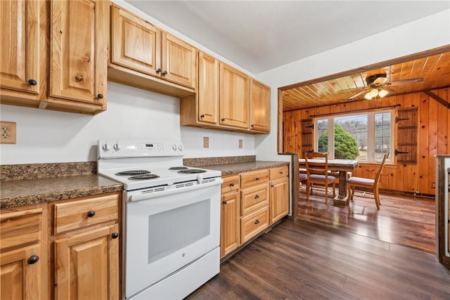 kitchen with white electric stove, dark countertops, dark wood-style floors, and wooden ceiling