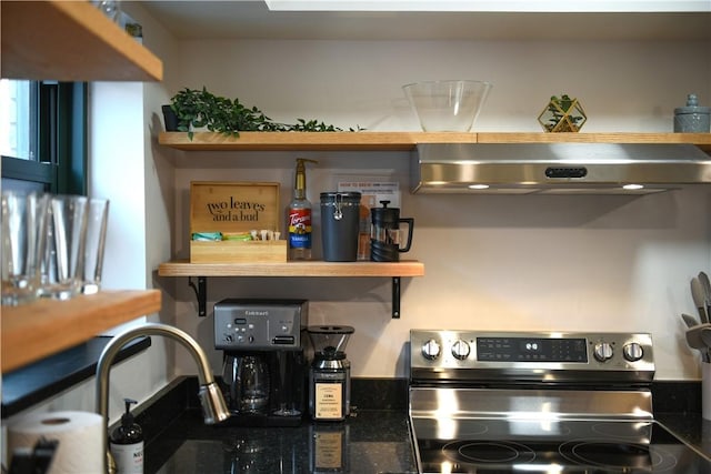 kitchen with stainless steel range with electric stovetop and under cabinet range hood