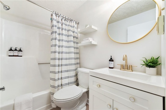 bathroom with toilet, shower / bath combo with shower curtain, a textured ceiling, and vanity