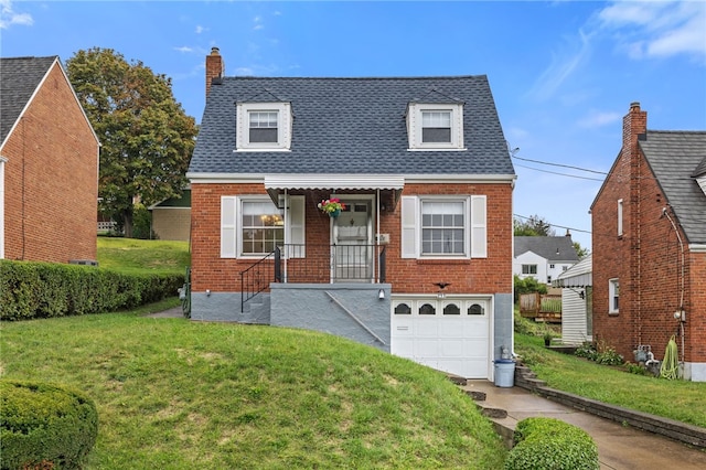 new england style home featuring a garage, brick siding, and a front lawn