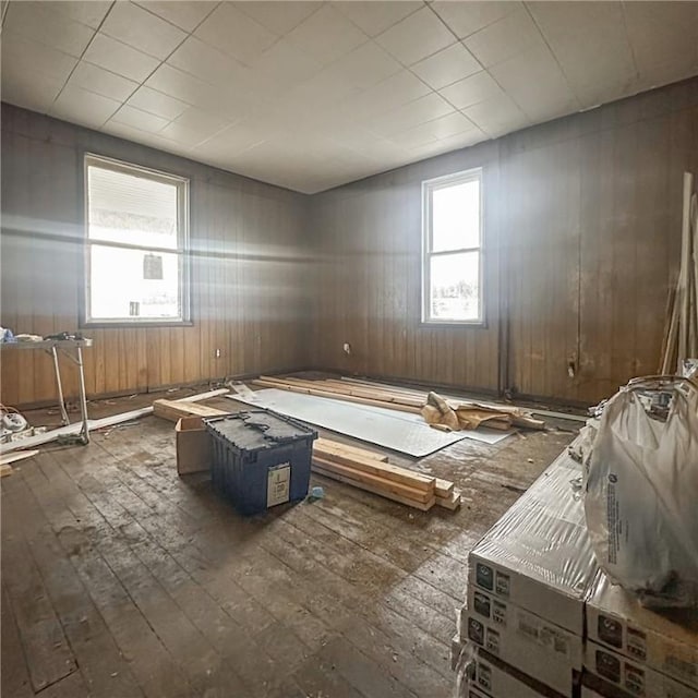 misc room featuring dark wood-style floors, plenty of natural light, and wooden walls