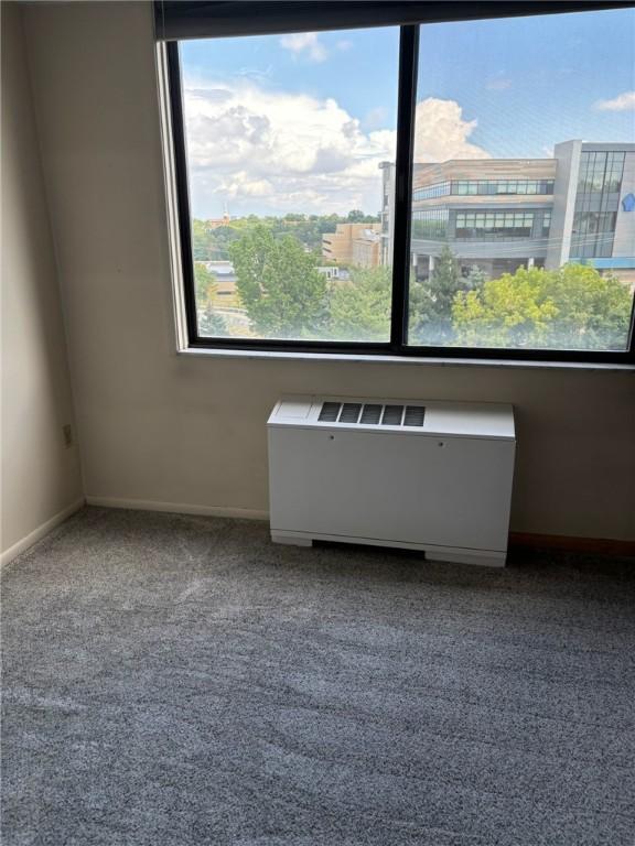 carpeted empty room featuring radiator heating unit and baseboards