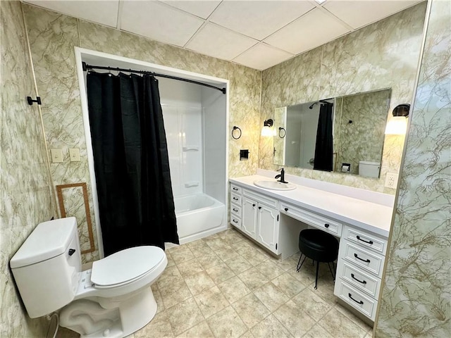 bathroom featuring shower / bath combo, vanity, and toilet