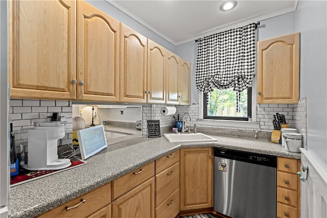 kitchen with stainless steel dishwasher, a sink, and decorative backsplash