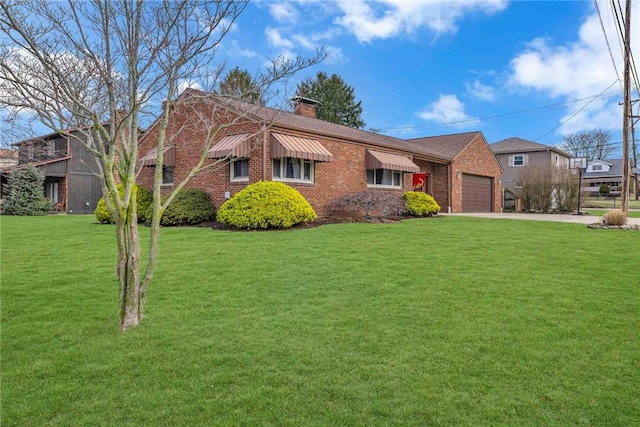 ranch-style house featuring a garage, brick siding, concrete driveway, a chimney, and a front yard