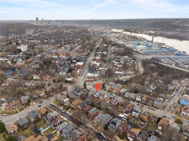 drone / aerial view with a water view