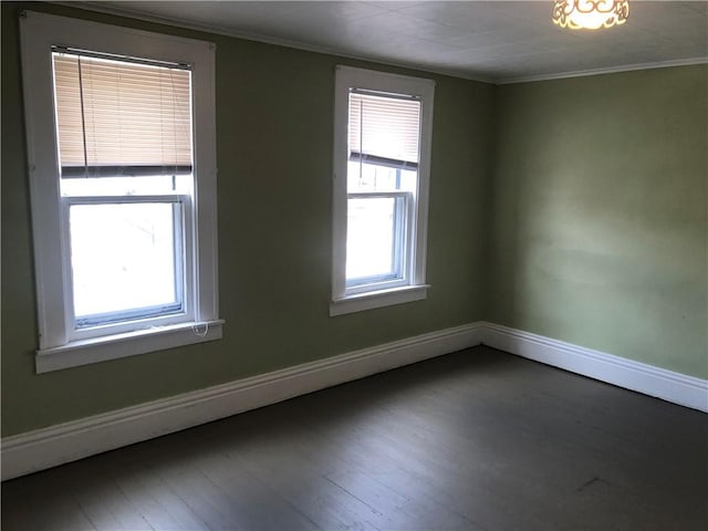 spare room featuring crown molding, baseboards, and wood finished floors