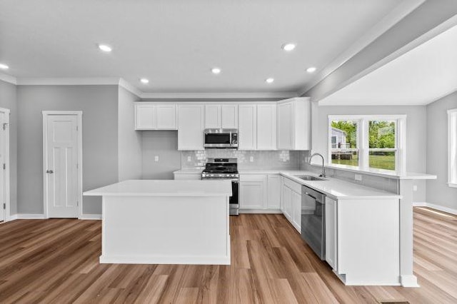 kitchen featuring stainless steel appliances, light wood finished floors, a sink, and decorative backsplash