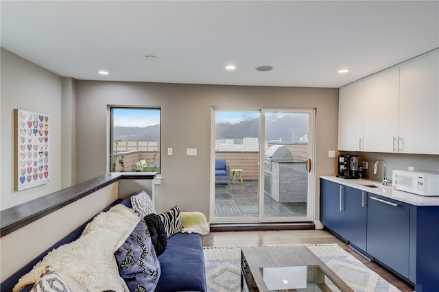 living room featuring light wood-style floors and recessed lighting