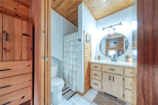 full bath featuring toilet, wooden ceiling, curtained shower, tile patterned flooring, and vanity