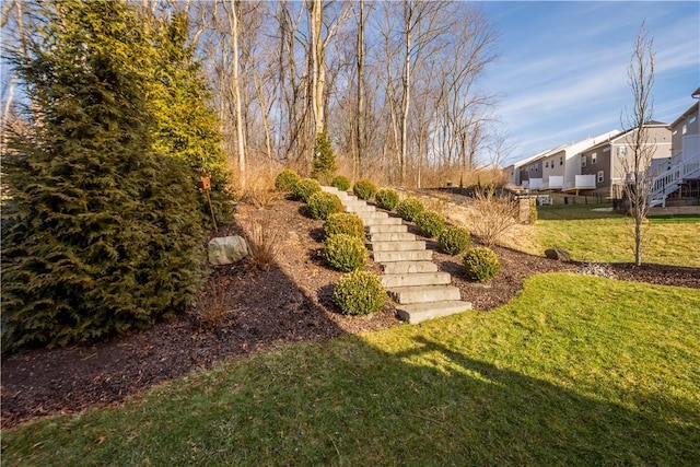 view of yard featuring stairway