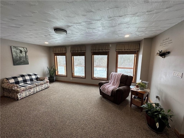 interior space with plenty of natural light, carpet flooring, and a textured ceiling