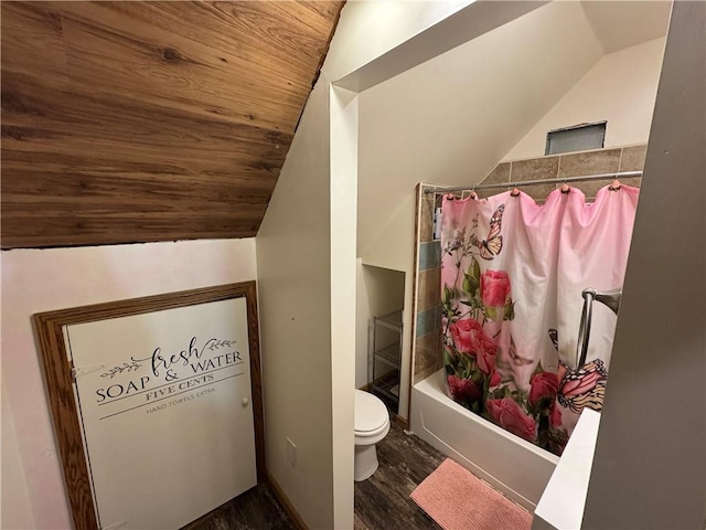 full bathroom featuring shower / bath combo with shower curtain, toilet, wood finished floors, lofted ceiling, and wood ceiling