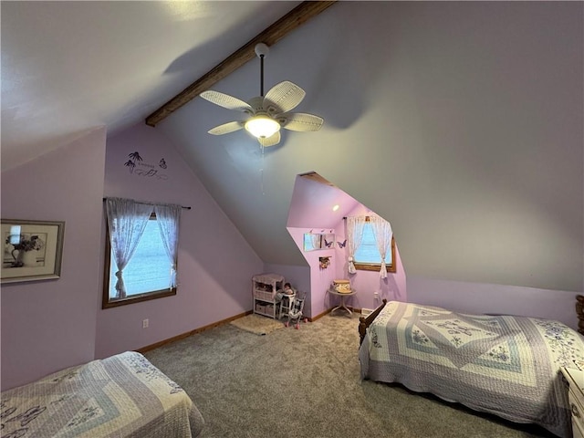 carpeted bedroom with a ceiling fan, lofted ceiling with beams, and baseboards