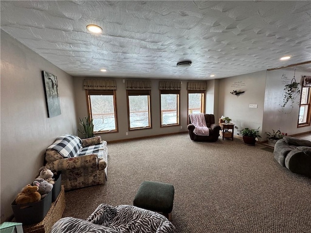 living area featuring carpet floors and a textured ceiling