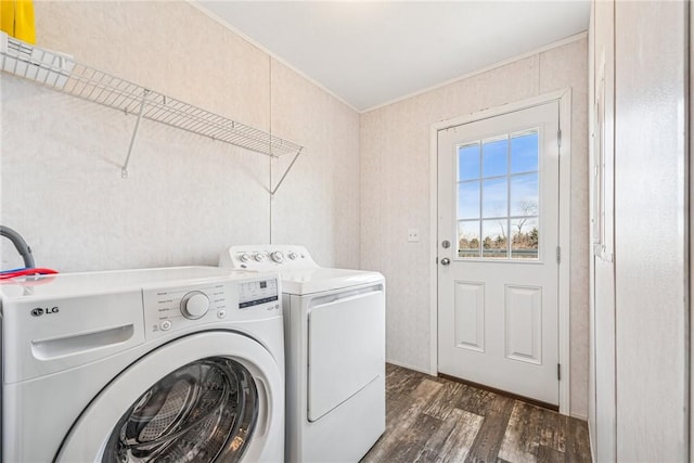 laundry room featuring dark wood-style floors, laundry area, separate washer and dryer, and ornamental molding