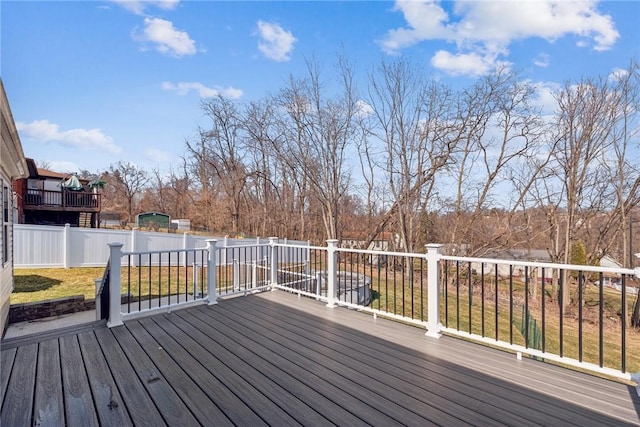 wooden terrace with fence and a yard