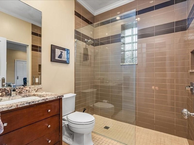 full bath featuring toilet, ornamental molding, walk in shower, and vanity