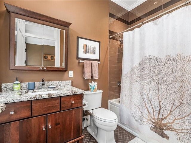 bathroom with tile patterned flooring, vanity, toilet, and shower / bath combo with shower curtain