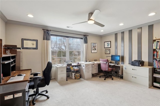 office featuring light carpet, visible vents, recessed lighting, and ornamental molding