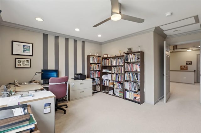 office with wallpapered walls, light colored carpet, ornamental molding, recessed lighting, and a ceiling fan