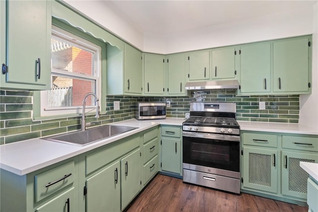 kitchen featuring tasteful backsplash, dark wood-style floors, appliances with stainless steel finishes, under cabinet range hood, and a sink