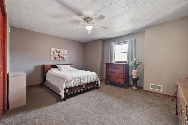 carpeted bedroom with baseboards, a textured ceiling, visible vents, and a ceiling fan