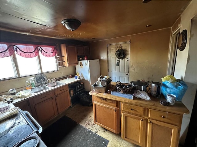 kitchen featuring brown cabinetry, stove, a sink, and freestanding refrigerator