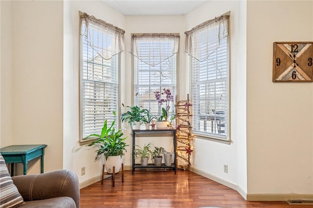 living area featuring baseboards and wood finished floors