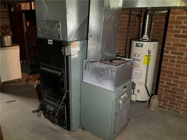 utility room with gas water heater and heating unit