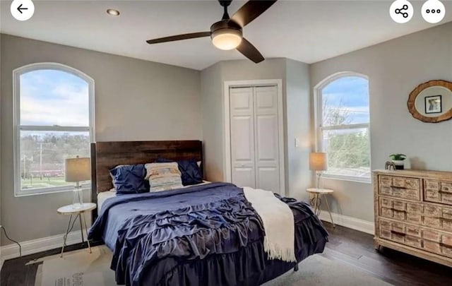 bedroom featuring wood finished floors, baseboards, a closet, and ceiling fan